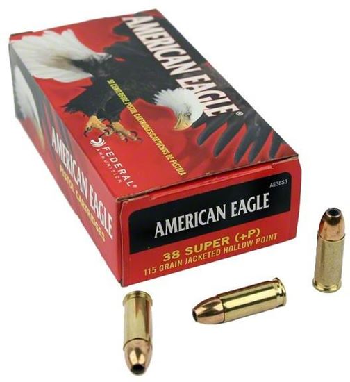 Picture of Federal AE38S3 American Eagle Pistol Ammo 38 Super 115Gr JHP 1130 FPS (125 Power Factor), 50/Box