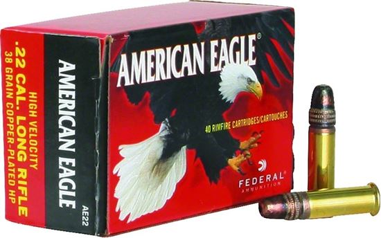 Picture of Federal AE22 American Eagle Rimfire Rifle Ammo 22 LR, Copper Plated HP, 38 Grains, 1260 fps, 40 Rounds, Boxed
