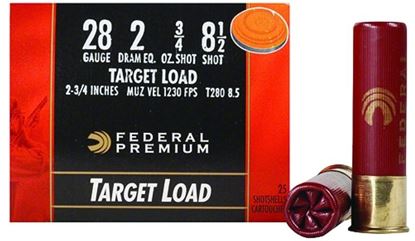 Picture of Federal T280-8.5 Gold Medal Plastic Target Shotshell 28 GA, 2-3/4 in, No. 8-1/2, 3/4oz, 2.02 Dr, 1230 fps, 25 Rnd per Box