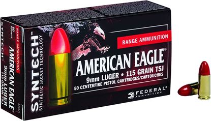 Picture of Federal AE9SJ1 American Eagle Syntech Pistol Ammo 9mm 115Gr, 1130fps, Total Synthetic Jacket, 50 Rnd Per Box