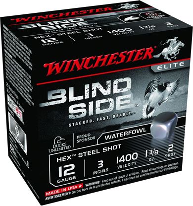Picture of Winchester SBS1232 Blind Side Shotshell 12 GA, 3 in, No. 2, 1-3/8oz, Max Dr, 1400 fps, 25 Rnd per Box