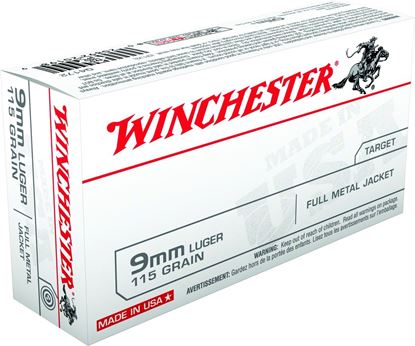 Picture of Winchester Q4172 Pistol Ammo 9MM, FMJ, 115 Gr, 1190 fps, 50 Rnd, Boxed