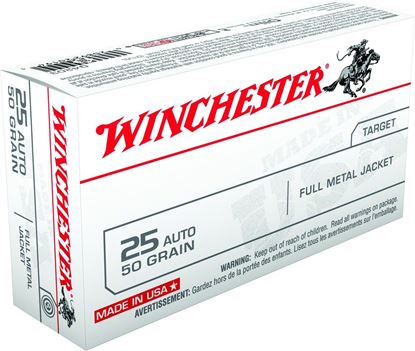 Picture of Winchester Q4203 Pistol Ammo 25 ACP, FMJ, 50 Gr, 760 fps, 50 Rnd, Boxed