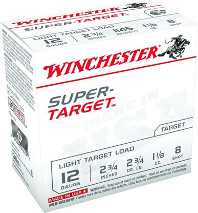 Picture of Winchester TRGTL128 Super-Target Shotshell 12 GA, 2-3/4 in, No. 8, 1oz, 2-3/4 Dr, 1180 fps, 25 Rnd per Box