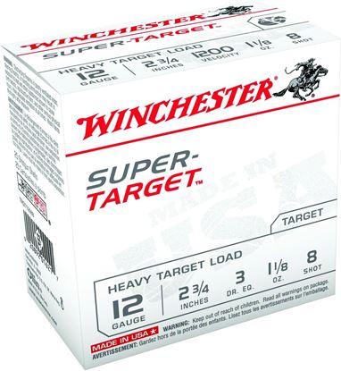 Picture of Winchester TRGT12M8 Super-Target Shotshell 12 GA, 2-3/4 in, No. 8, 1-1/8oz, 3 Dr, 1200 fps, 25 Rnd per Box