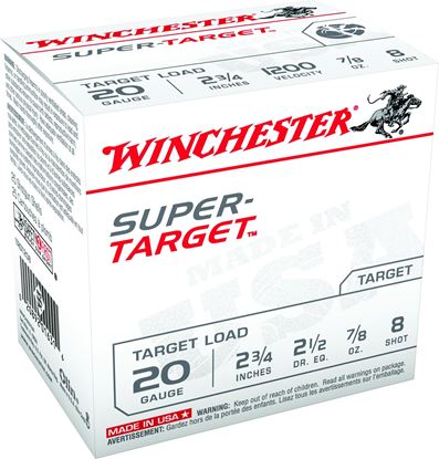 Picture of Winchester TRGT208 Super-Target Shotshell 20 GA, 2-3/4 in, No. 8, 7/8oz, 2-1/2 Dr, 1200 fps, 25 Rnd per Box