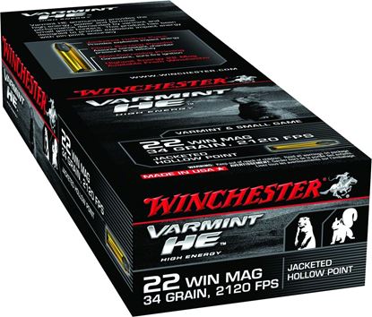 Picture of Winchester S22WM Varmint HE Rimfire Ammo 22 MAG, JHP, 34 Grains, 2120 fps, 50 Rounds, Boxed