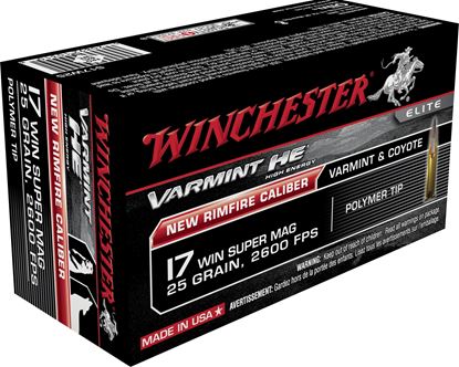 Picture of Winchester S17W25 Varmint HE Rimfire Ammo 17 WSM, Polymer Tip, 25 Grains, 2411 fps, 50 Rounds, Boxed