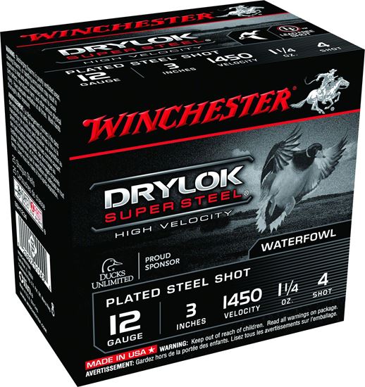 Picture of Winchester SSH1234 Drylok Super Steel Shotshell 12 GA, 3 in, No. 4, 1-1/4oz, Max Dr, 1450 fps, 25 Rnd per Box