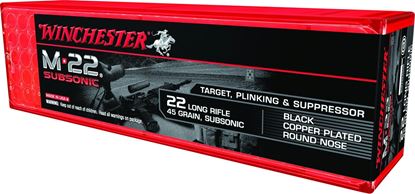 Picture of Winchester S22LRTSUP M22 Subsonic Rimfire Ammo, 22 LR, 45gr, Black Plated Lead Round Nose 100Rds Bx