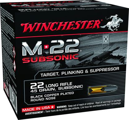 Picture of Winchester S22LRTSU8 M22 Subsonic Rimfire Ammo, 22 LR, 45gr, Black Plated Lead Round Nose 800Rds Bx