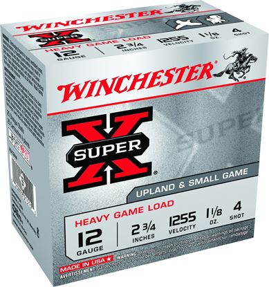 Picture of Winchester XU12H4 Super-X Shotshell 12 GA, 2-3/4 in, No. 4, 1-1/8oz, 3-1/4 Dr, 1255 fps, 25 Rnd per Box