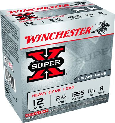 Picture of Winchester XU12H8 Super-X Shotshell 12 GA, 2-3/4 in, No. 8, 1-1/8oz, 3-1/4 Dr, 1255 fps, 25 Rnd per Box