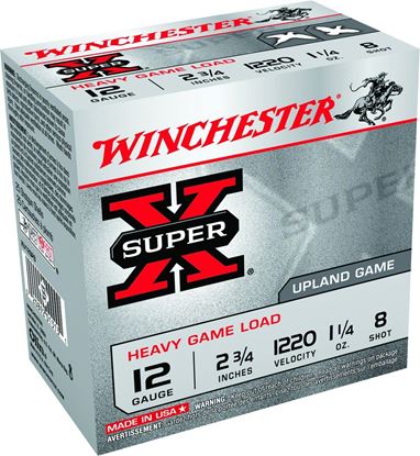 Picture of Winchester XU12SP8 Super-X Shotshell 12 GA, 2-3/4 in, No. 8, 1-1/4oz, 3-1/4 Dr, 1220 fps, 25 Rnd per Box