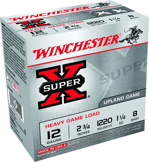 Picture of Winchester XU12SP8 Super-X Shotshell 12 GA, 2-3/4 in, No. 8, 1-1/4oz, 3-1/4 Dr, 1220 fps, 25 Rnd per Box