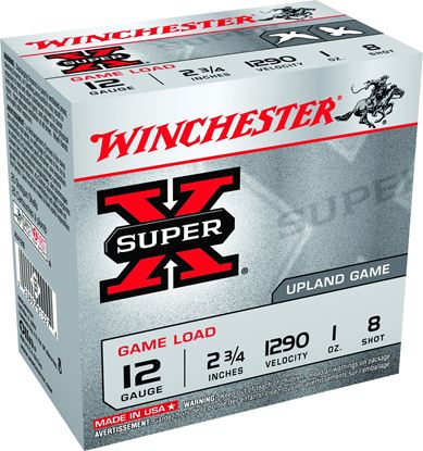 Picture of Winchester XU128 Super-X Shotshell 12 GA, 2-3/4 in, No. 8, 1oz, 3-1/4 Dr, 1290 fps, 25 Rnd per Box