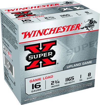 Picture of Winchester XU168 Super-X Shotshell 16 GA, 2-3/4 in, No. 8, 1oz, 2-1/2 Dr, 1165 fps, 25 Rnd per Box