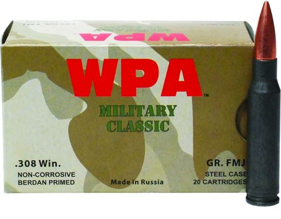 Picture of Wolf MC308FMJ168 Military Classic Rifle Ammo 308 WIN/7.62 NATO, FMJ, 168 Grains, 2745 fps, 500, Boxed