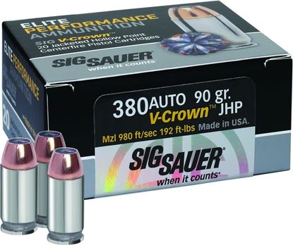 Picture of Sig Sauer E380A1-20 Elite V-Crown Performance Pistol Ammo 380 ACP, JHP, 90 Gr, 980 fps, 20 Rnd, Boxed