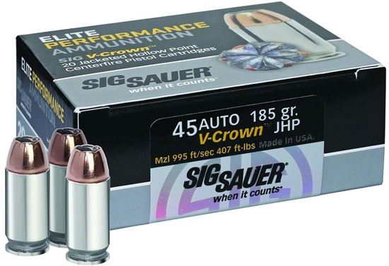 Picture of Sig Sauer E45APO-20 Elite V-Crown Performance Pistol Ammo 45 ACP, JHP, 185 Gr, 995 fps, 20 Rnd, Boxed