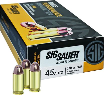 Picture of Sig Sauer E45BA3-50 Elite Performance Pistol Ball Ammo 45 ACP, FMJ, 230 Gr, 830 fps, 50 Rnd, Boxed