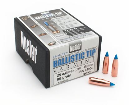 Picture of Nosler 43004 Rifle Bullets 25Cal 85Gr Ballistic Tip Varmit Spitzer/Blue Tip .257 100Bx