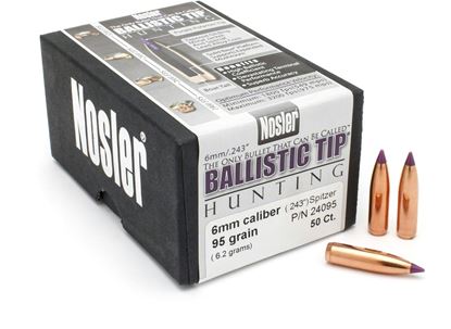 Picture of Nosler 24095 Rifle Bullets 6mm 95Gr Ballistic Tip Spitzer .243 Purple Tip 50Bx