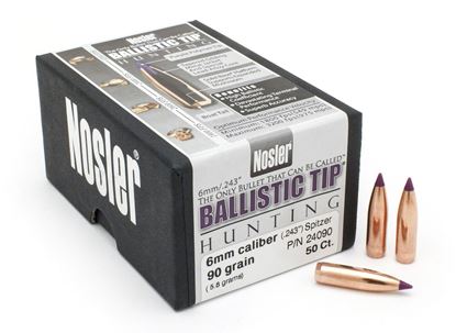 Picture of Nosler 24090 Rifle Bullets 6mm 90Gr Ballistic Tip Spitzer .243 Purple Tip 50Bx