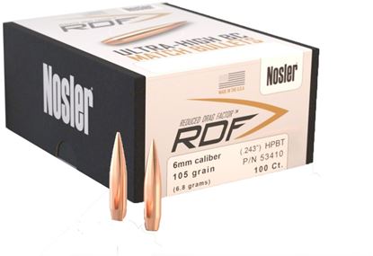 Picture of Nosler 53410 RDF Reduced Drag Factor Rifle Bullets, 6mm 105 HPBT Bullets 100 Ct