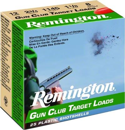 Picture of Remington GC128 Gun Club Shotshell 12 GA, 2-3/4 in, No. 8, 1-1/8oz, 3 Dr, 1200 fps, 25 Rnd per Box