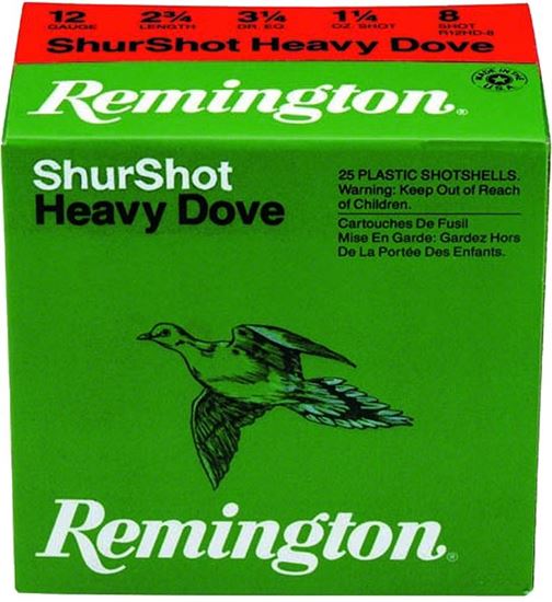Picture of Remington RHD128 Shurshot Heavy Dove Shotshell 12 GA, 2-3/4 in, No. 8, 1-1/8oz, 3-1/4 Dr, 1255 fps, 25 Rnd per Box