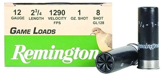 Picture of Remington GL128 Game Load Shotshell 12 GA, 2-3/4 in, No. 8, 1oz, 3-1/4 Dr, 1290 fps, 25 Rnd per Box