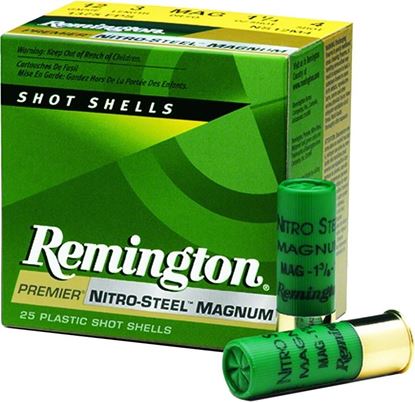 Picture of Remington NS12S2 Nitro Steel High-Velocity Shotshell 12 GA, 2-3/4 in, No. 2, 1-1/4oz, Mag Dr, 1275 fps, 25 Rnd per Box