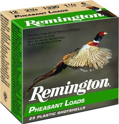Picture of Remington PL124 Pheasant Loads Shotshell 12 GA, 2-3/4 in, No. 4, 1-1/4oz, 3-3/4 Dr, 1330 fps, 25 Rnd per Box