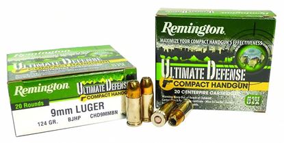Picture of Remington CHD9MMBN Ultimate Defense Compact Handgun Pistol Ammo 9MM, BJHP, 124 Gr, 1100 fps, 20 Rnd, Boxed