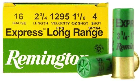Picture of Remington SP164 Express Extra Long Range Shotshell 16 GA, 2-3/4 in, No. 4, 1-1/8oz, 3-1/4 Dr, 1295 fps, 25 Rnd per Box