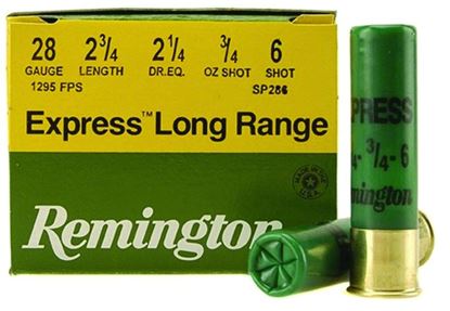 Picture of Remington SP286 Express Extra Long Range Shotshell 28 GA, 2-3/4 in, No. 6, 3/4oz, 2-1/4 Dr, 1295 fps, 25 Rnd per Box