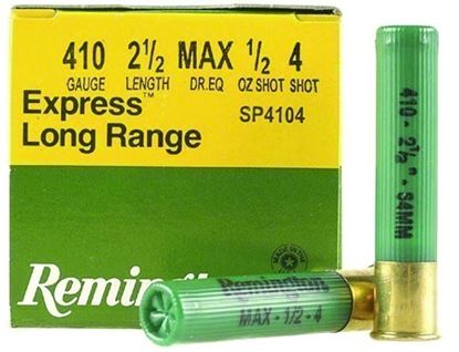 Picture of Remington SP4104 Express Extra Long Range Shotshell 410 GA, 2-1/2 in, No. 4, 1/2oz, Max Dr, 1250 fps, 25 Rnd per Box