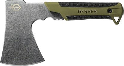 Picture of Gerber 31-003482 Pack Hatchet, Sage Green rubberized handle, full tang, stainless steel, choke up design, nylon belt carry sheath, clam