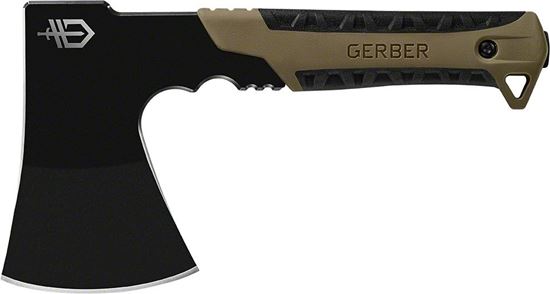Picture of Gerber 31-003484 Pack Hatchet, Coyote rubberized handle, full tang, stainless steel, choke up design, nylon belt carry sheath, clam