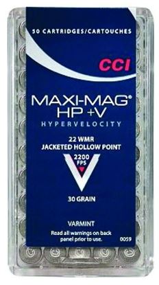 Picture of CCI 0059 Maxi Mag HP +V Rimfire Ammo 22 WIN MAG, JHP, 30 Grains, 2200 fps, 50 Rounds, Boxed