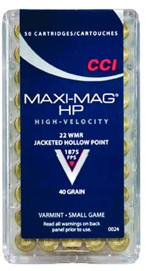 Picture of CCI 0024 Maxi Mag HP Rimfire Ammo 22 WIN MAG, JHP, 40 Grains, 1875 fps, 50 Rounds, Boxed