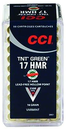 Picture of CCI 0951 TNT Green Rimfire Ammo 17 HMR, HP, 16 Grains, 2500 fps, 50 Rounds, Boxed