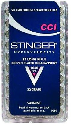 Picture of CCI 0050 Stinger Rimfire Ammo 22 LR, CPHP, 32 Grains, 1640 fps, 50 Rounds, Boxed