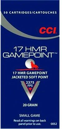 Picture of CCI 0052 Gamepoint Rimfire Rifle Ammo 17 HMR, JSP, 20 Grains, 2375 fps, 50 Rounds, Boxed