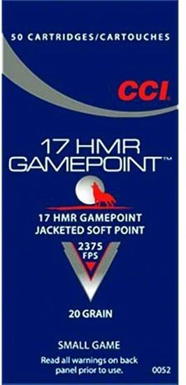 Picture of CCI 0052 Gamepoint Rimfire Rifle Ammo 17 HMR, JSP, 20 Grains, 2375 fps, 50 Rounds, Boxed
