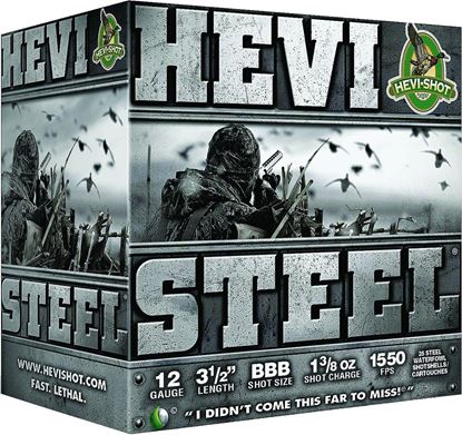 Picture of HEVI-Shot 65888 Hevi-Steel Shotshell 12 GA, 3-1/2 in, No. BBB, 1-3/8oz, 1550 fps, 25 Rnd per Box