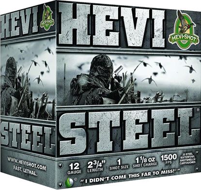 Picture of HEVI-Shot 61221 Hevi-Steel Shotshell 12 GA, 2-3/4 in, No. 1, 1-1/8oz, 1500 fps, 25 Rnd per Box