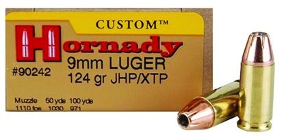 Picture of Hornady 90242 Custom Pistol Ammo 9MM, XTP, 124 Gr, 1110 fps, 25 Rnd, Boxed