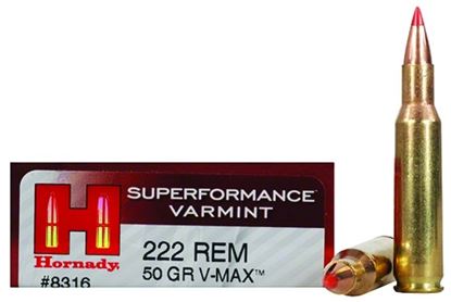 Picture of Hornady 8316 Superformance Varmint Rifle Ammo 222 REM, V-MAX, 50 Grains, 3395 fps, 20, Boxed